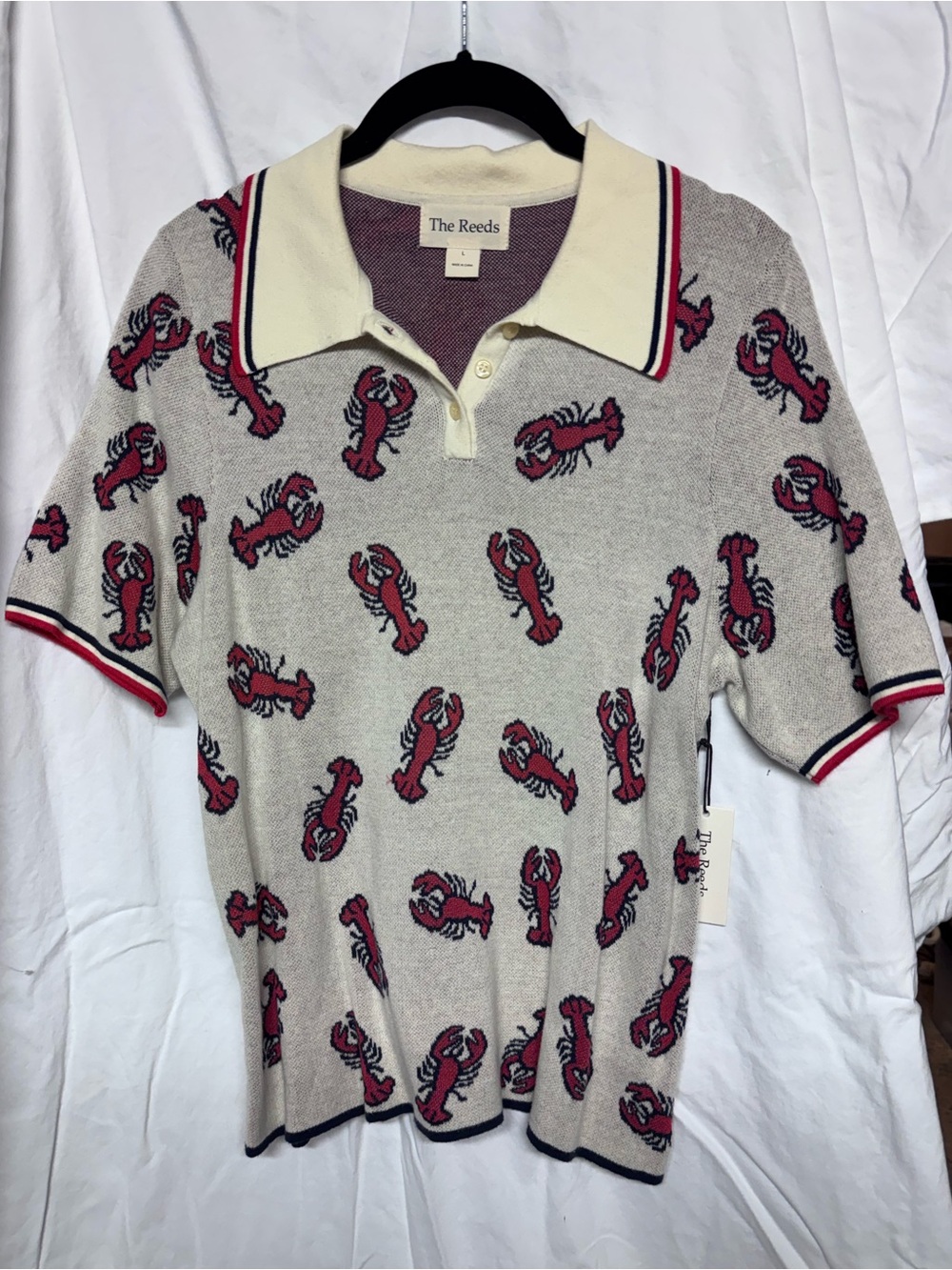 THE REEDS Cream Polo Sweater Shirt with Lobster Print NWT